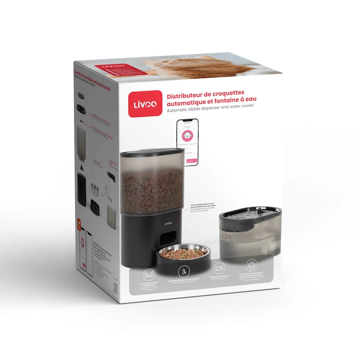 PET107 — Distributeur de croquettes + fontaine à eau — LIVOO